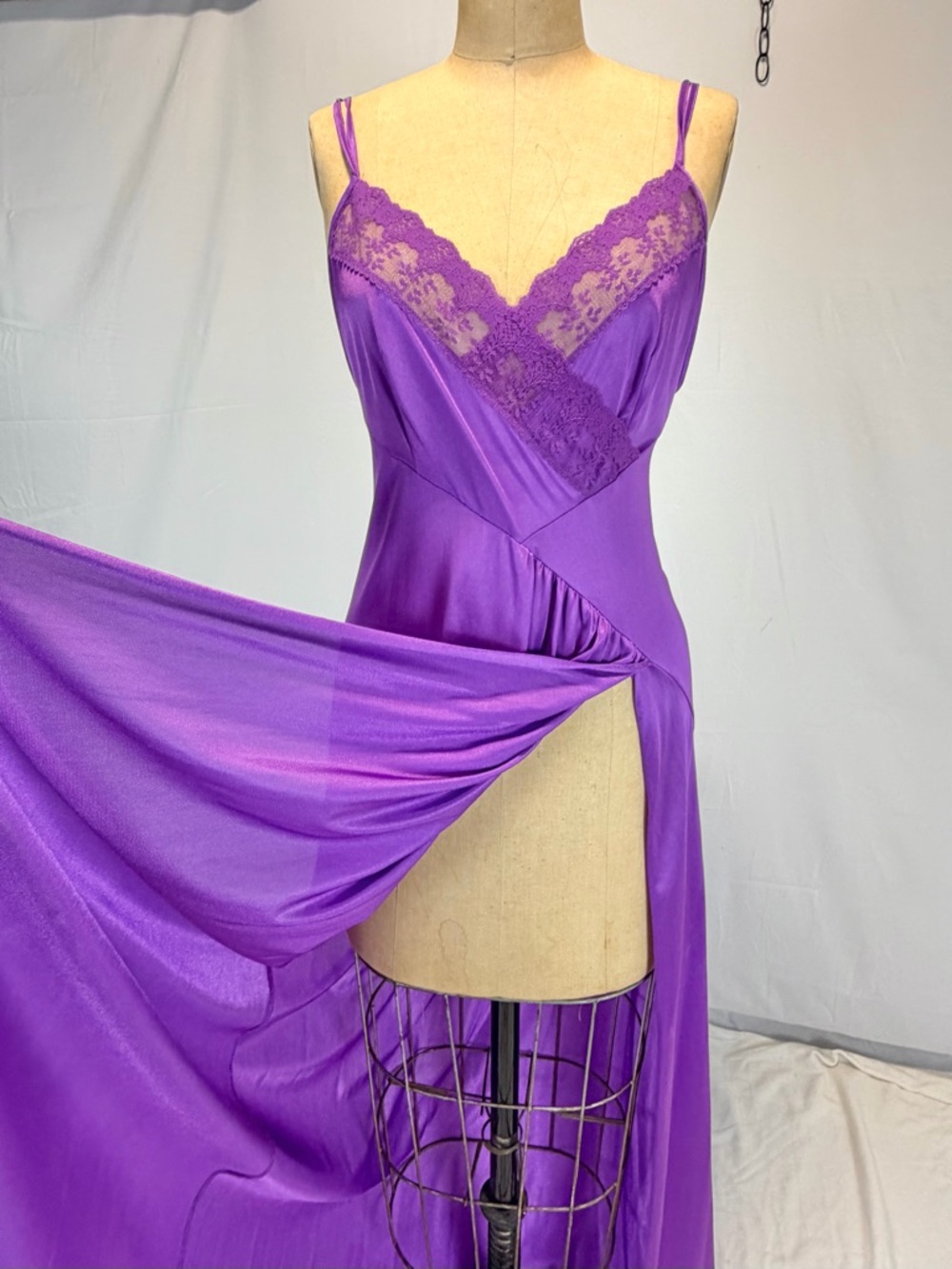 VINTAGE violet purple nylon silky nightgown slip dress maxi side slit lace sexy - Picture 6 of 13